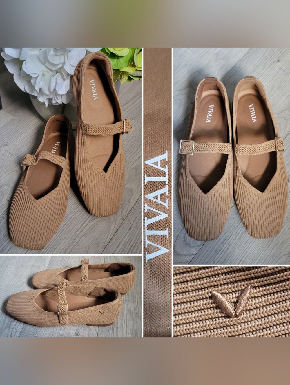 Vivaia Margot Mary Jane Buckle Square-Toe V-Cut Almond Ribbed Flats, US 5 EU 35